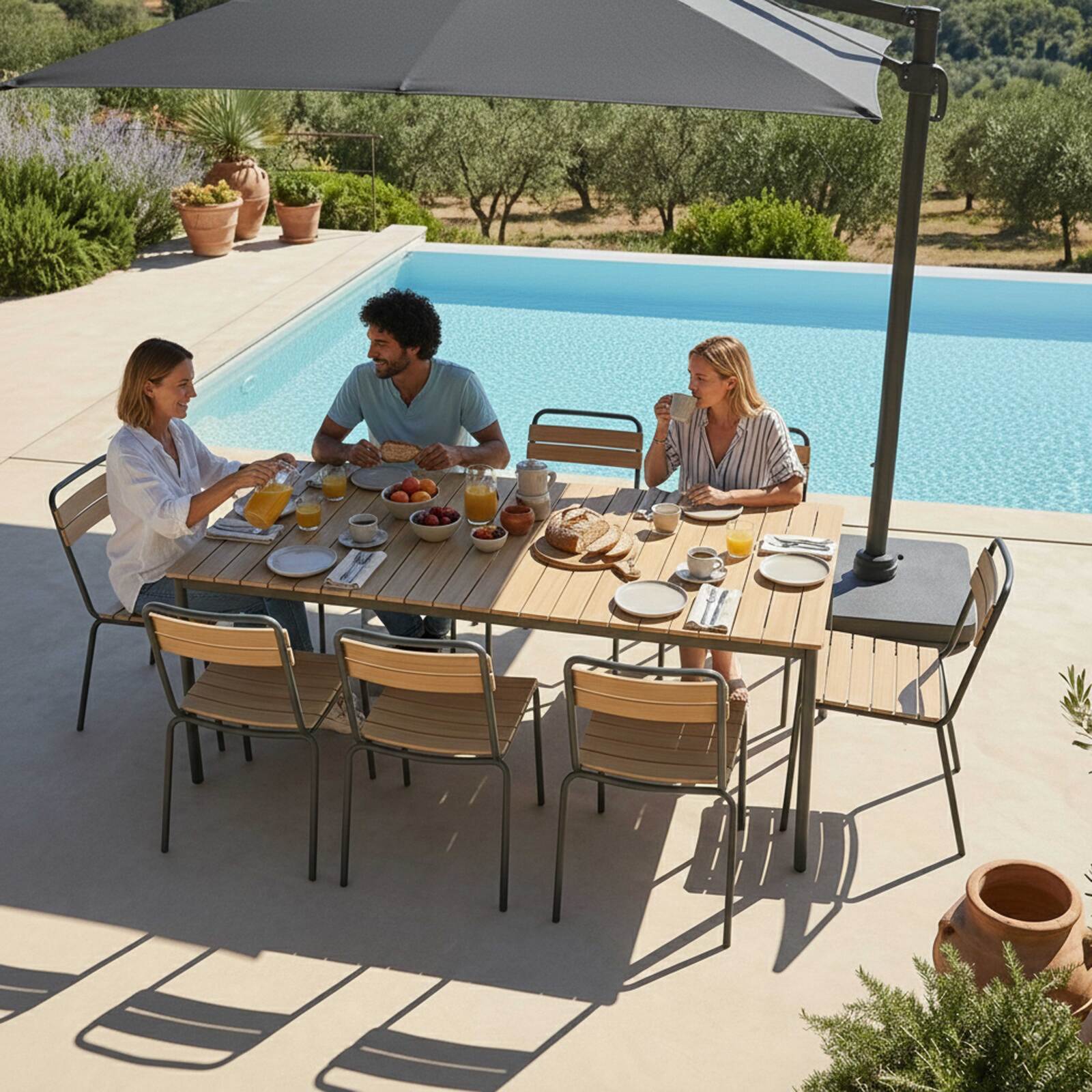 Mesa de jardín efecto madera de metal y polywood 8 personas 180x90 cm