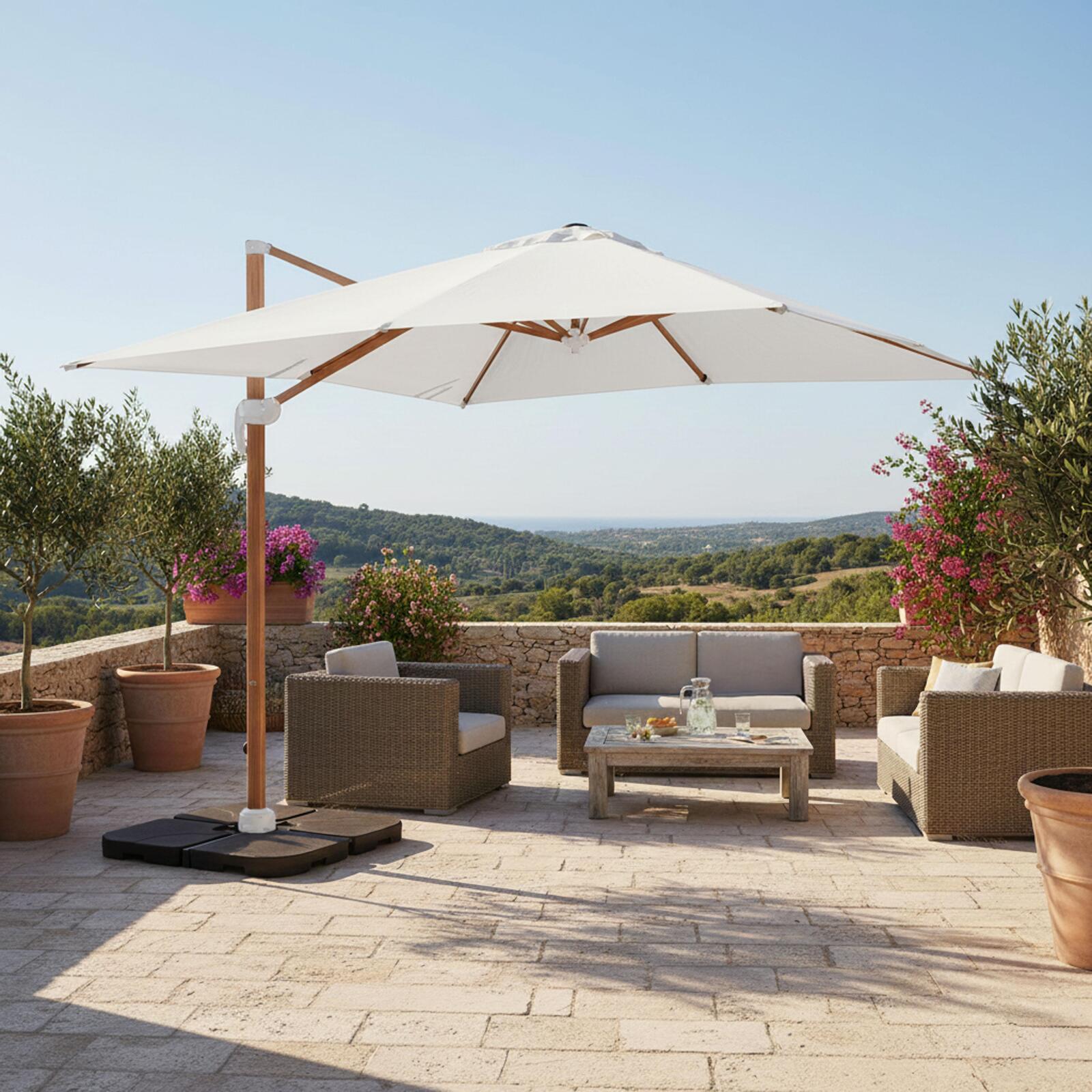 Parasol excéntrico 3x3 m cuadrado inclinable giratorio 360° y 4 losas de lastre rellenables