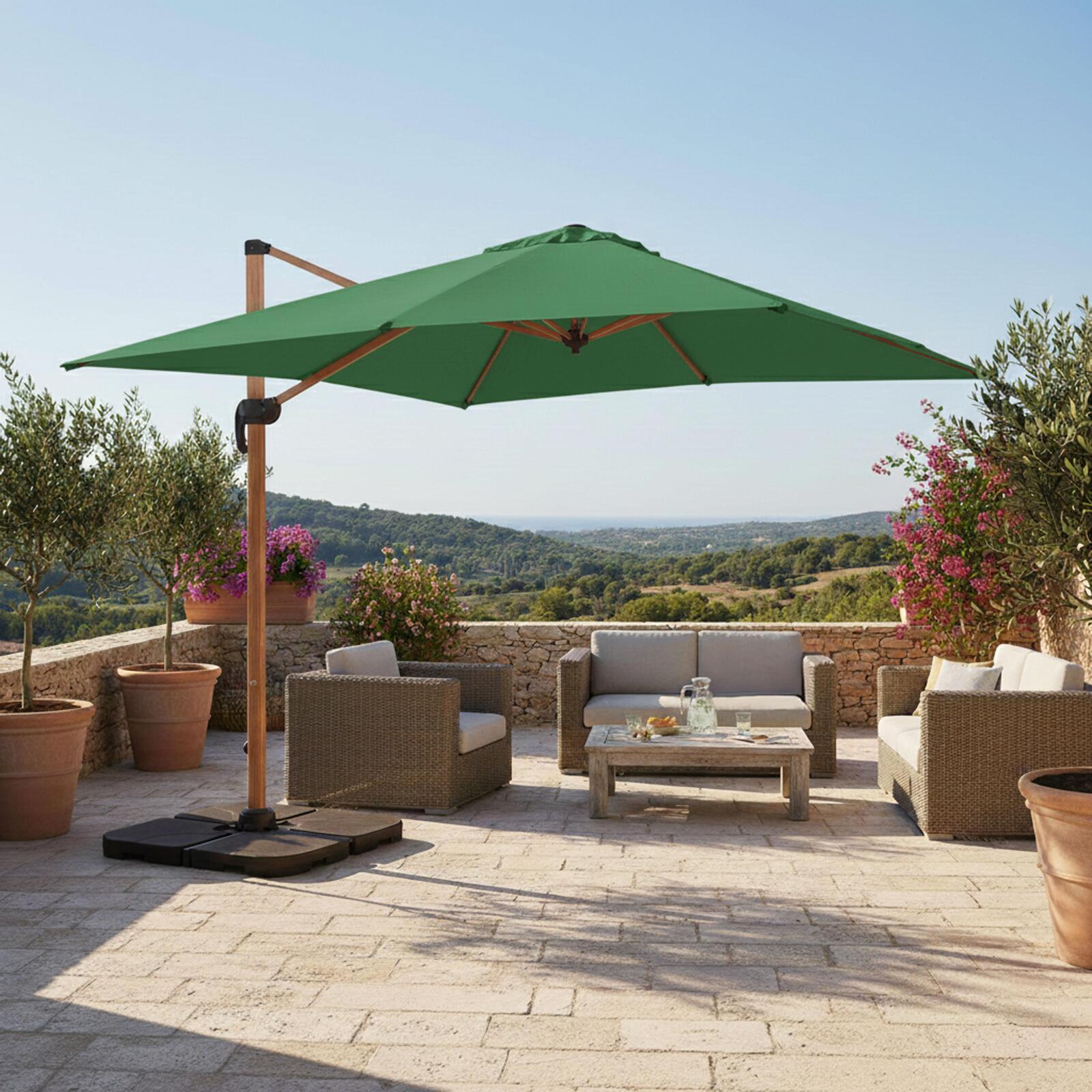 Parasol excéntrico 3x3 m cuadrado inclinable giratorio 360° y 4 losas de lastre rellenables