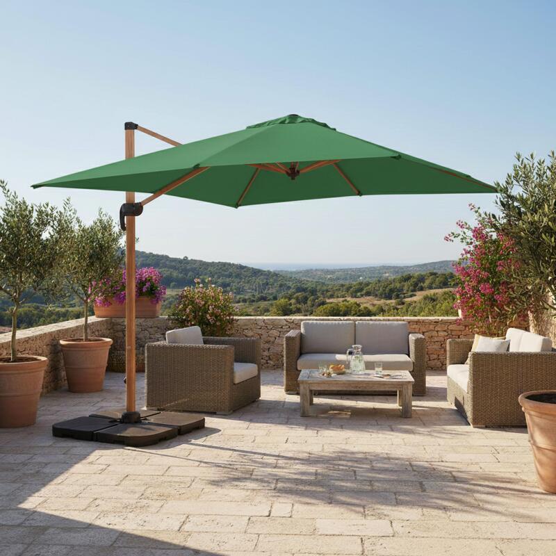 Parasol excéntrico 3x3 m cuadrado inclinable giratorio 360° y 4 losas de lastre rellenables
