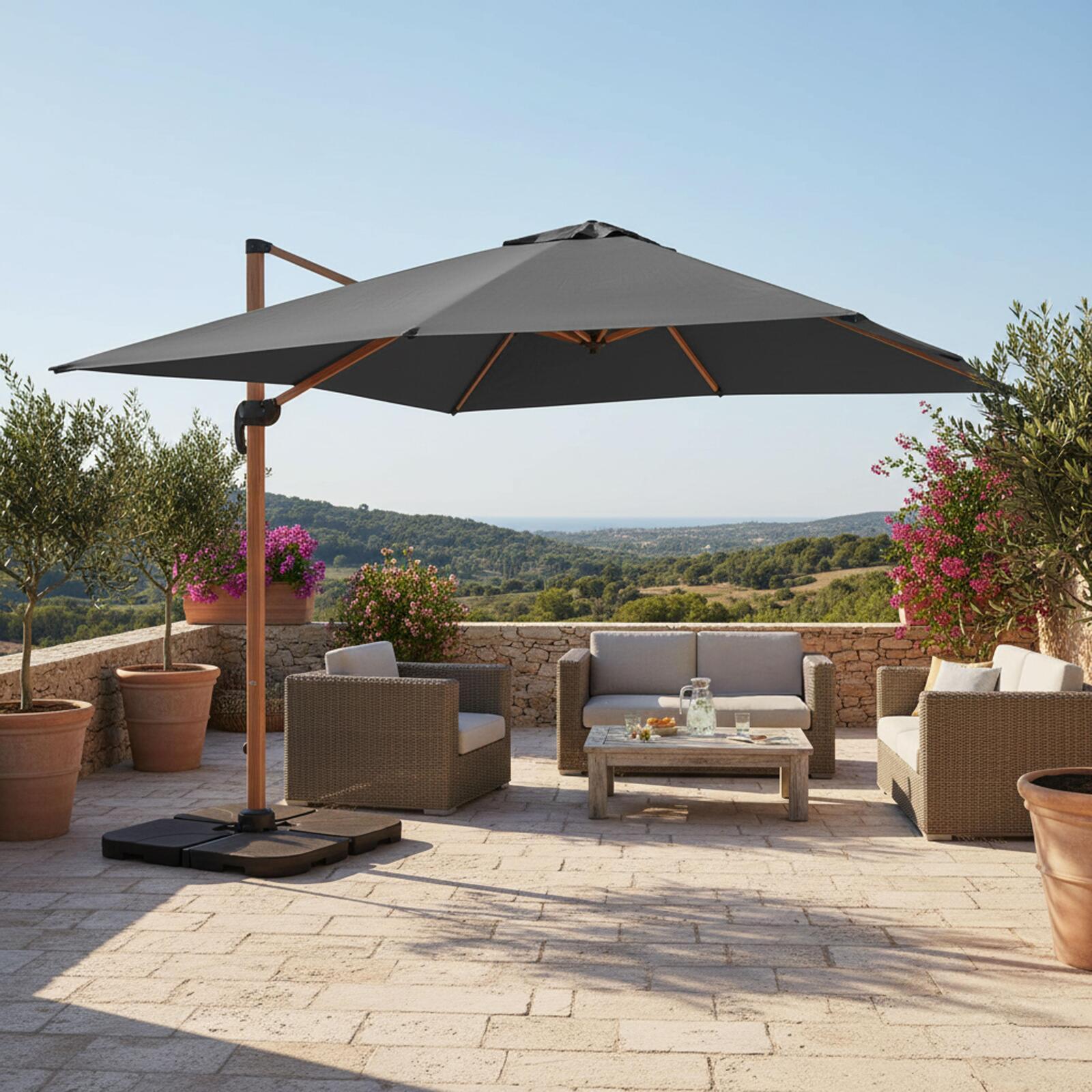 Parasol excéntrico 3x3 m cuadrado inclinable giratorio 360° y 4 losas de lastre rellenables