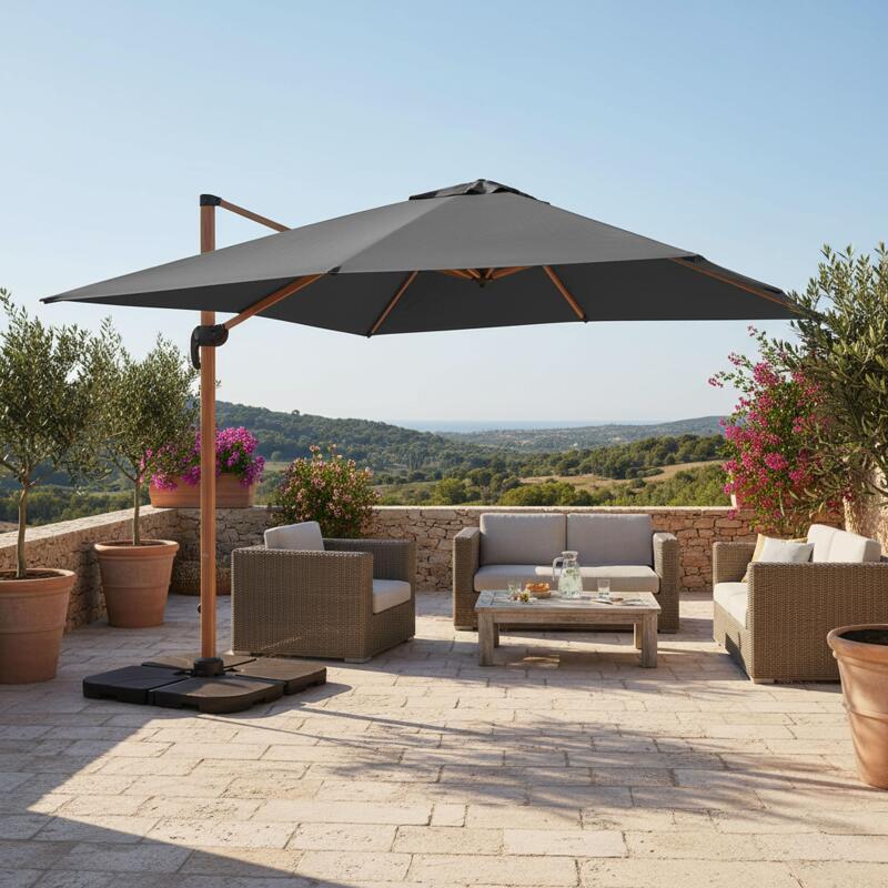 Parasol excéntrico 3x3 m cuadrado inclinable giratorio 360° y 4 losas de lastre rellenables