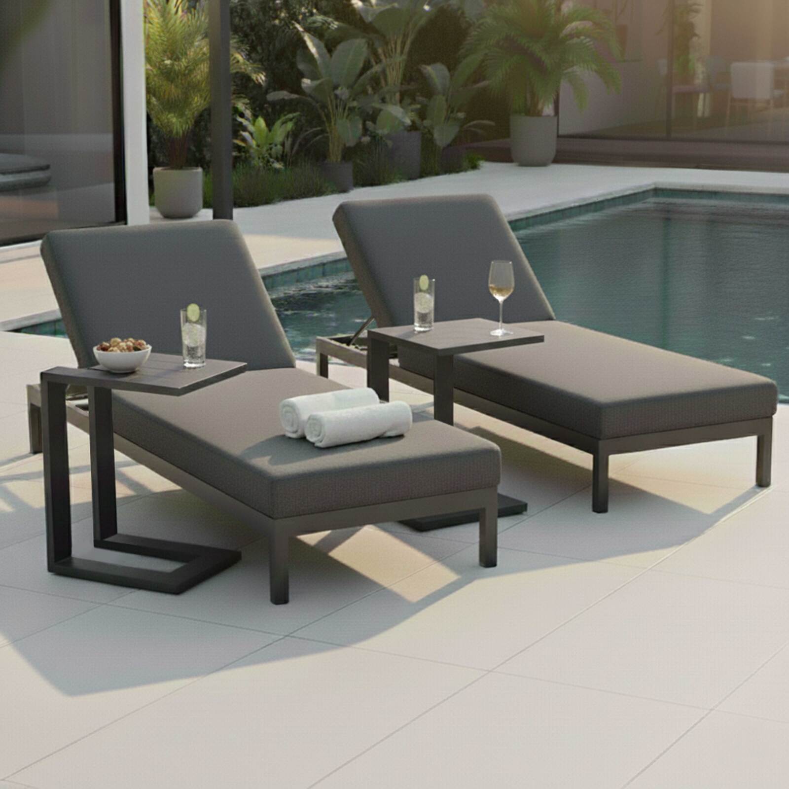 Tumbonas de aluminio reclinables 5 posiciones con cojín y estante - Lote de 2