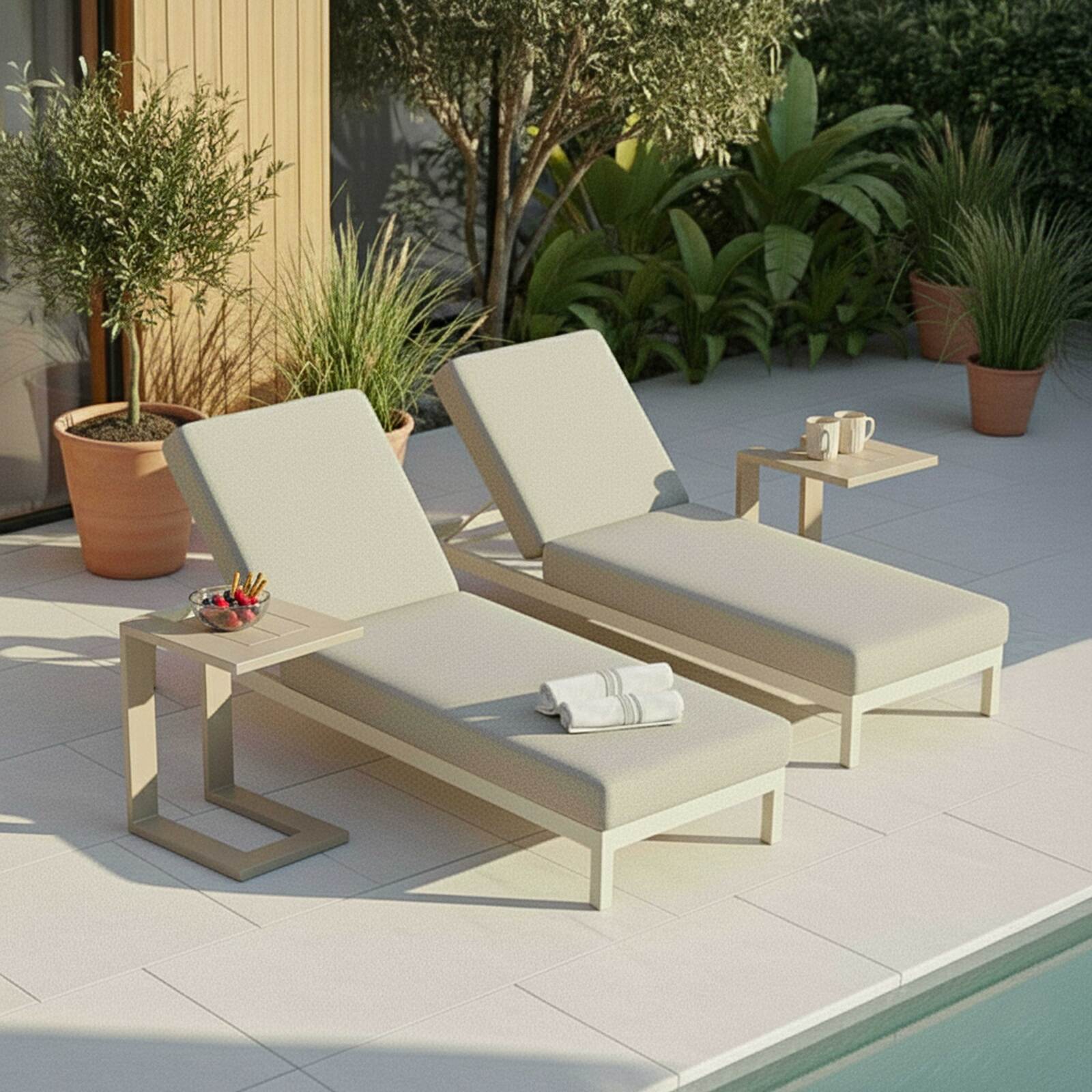 Tumbonas de aluminio reclinables 5 posiciones con cojín y estante - Lote de 2