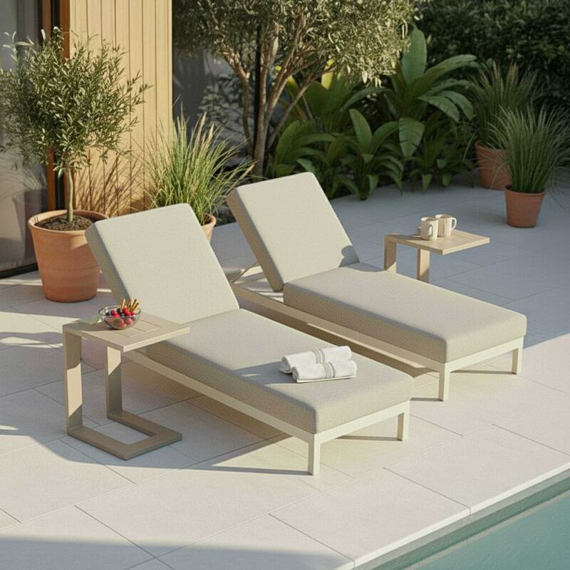 Tumbonas de aluminio reclinables 5 posiciones con cojín y estante - Lote de 2