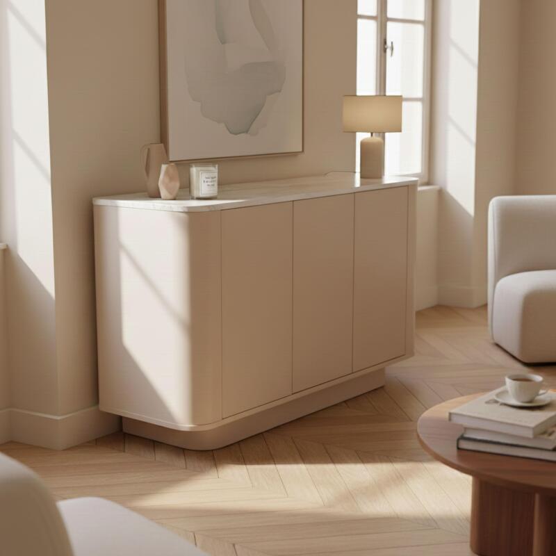 Aparador liso FSC® 3 puertas 120 cm bandeja con efecto travertino - Lifestyle