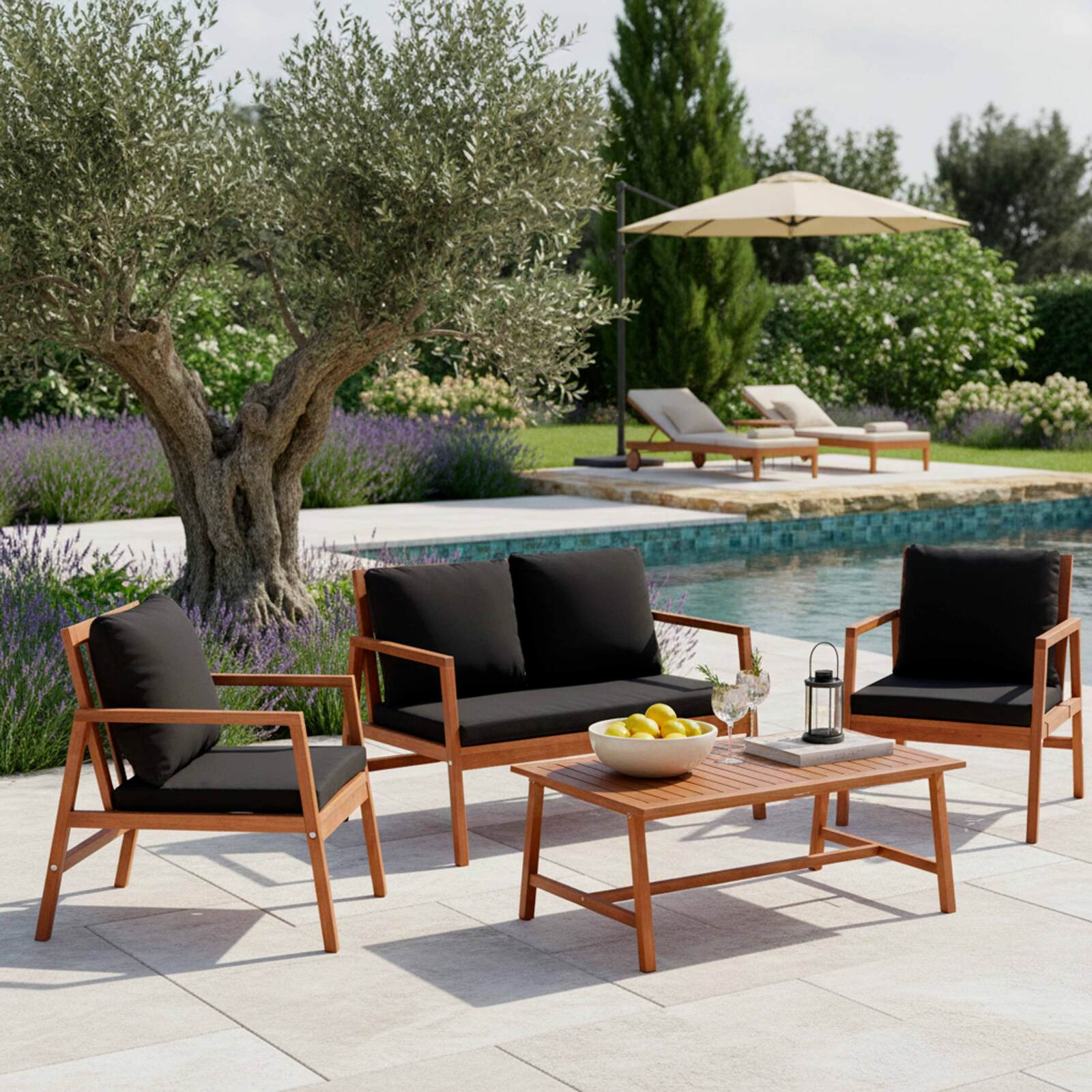 Conjunto de muebles de jardín de eucalipto FSC® con 1 sofá, 2 sillones y mesa de centro