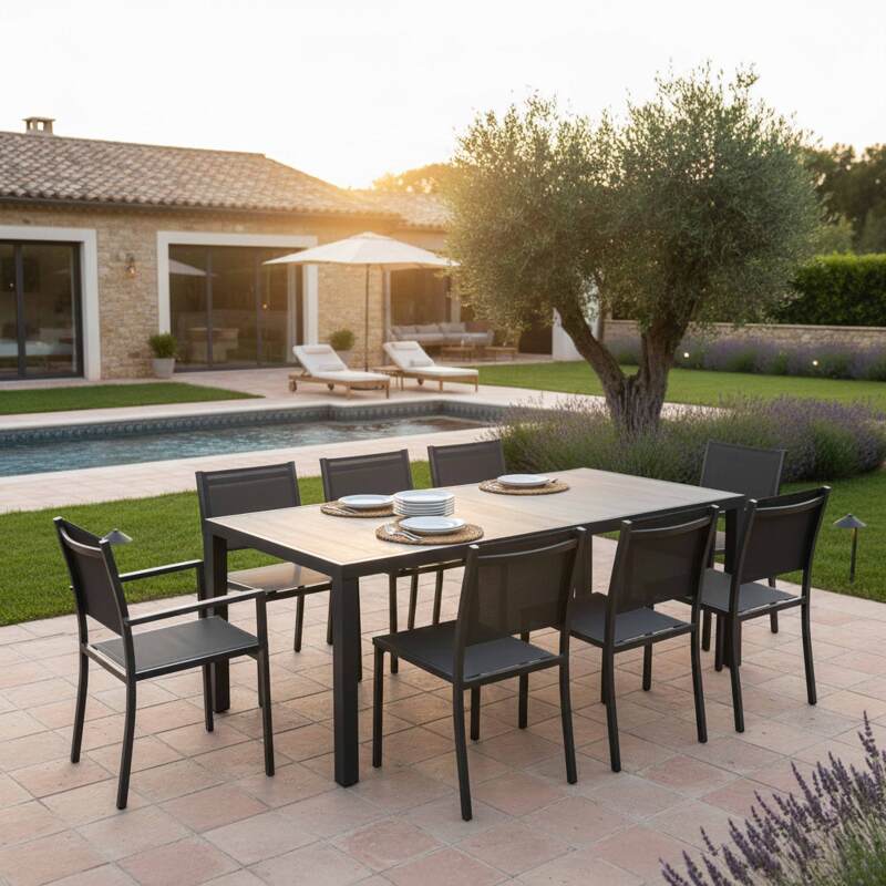 Mesa de jardín de aluminio y cerámica efecto madera 185x95 cm y 8 sillas de textilene - Lifestyle