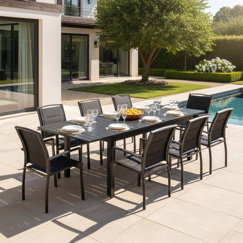 Mesa de jardín extensible de aluminio 174/238x100 cm y 8 sillas con reposabrazos de textilene - Lifestyle