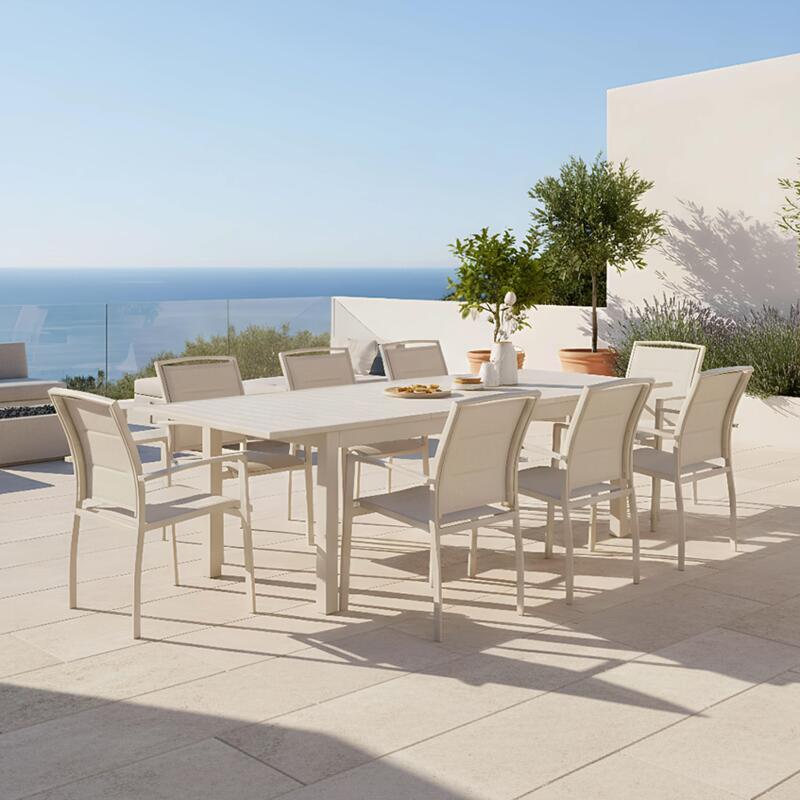 Mesa de jardín extensible de aluminio 174/238x100 cm y 8 sillas con reposabrazos de textilene - Lifestyle