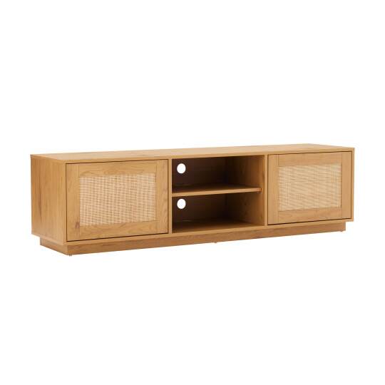 Mueble TV de efecto madera y rejilla de ratán natural 160 cm estilo boho | Oviala