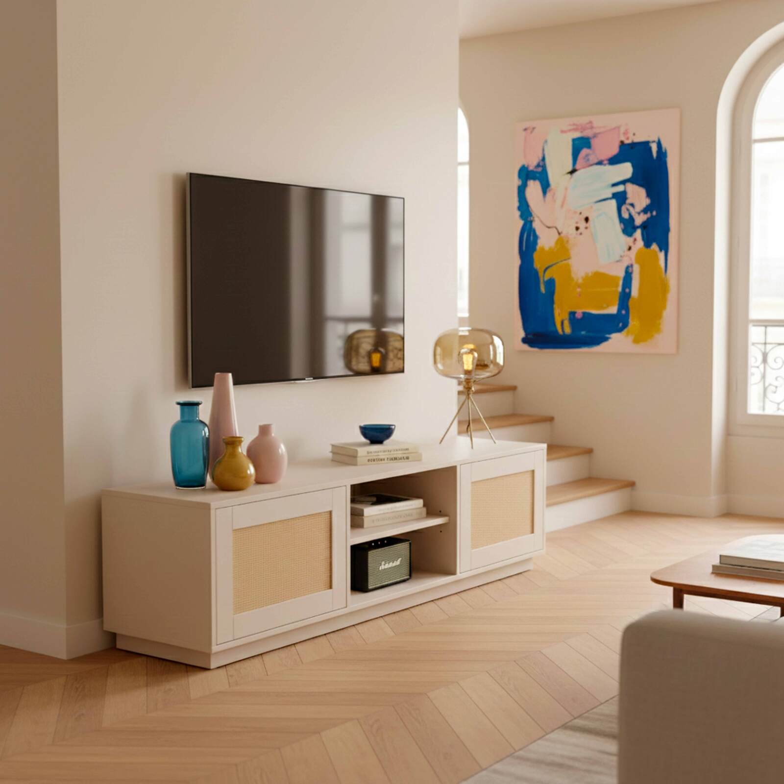 Mueble TV de efecto madera FSC® 160 cm estilo boho