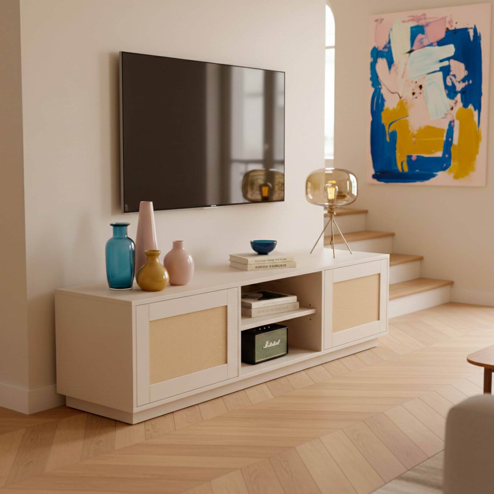 Mueble TV de efecto madera FSC® 160 cm estilo boho