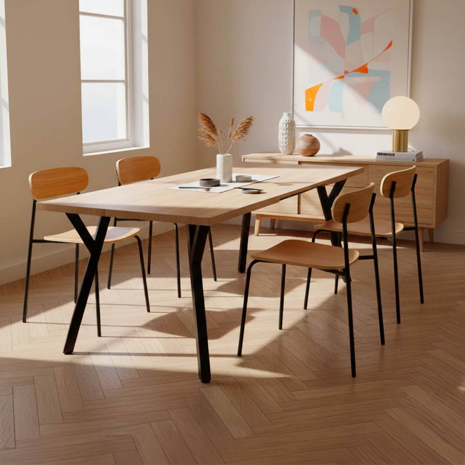 Mesa de comedor extensible rectangular de metal y efecto madera 6 a 10 personas