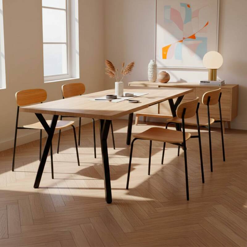Mesa de comedor extensible rectangular de metal y efecto madera 6 a 10 personas (7/8)