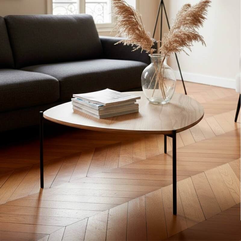 Mesa de centro de metal y efecto madera triangular 90x90 cm (4/6)