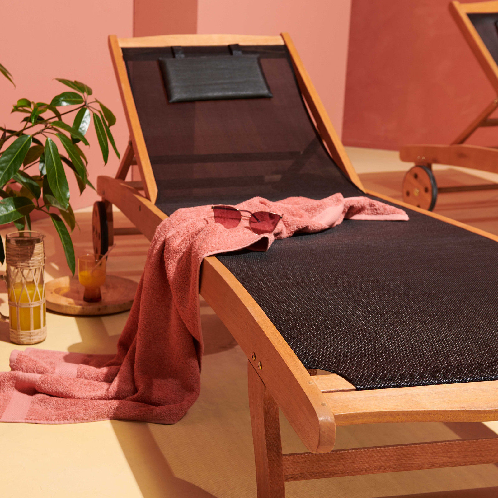 Lote de 2 tumbonas de madera FSC con ruedas, reclinables 5 posiciones