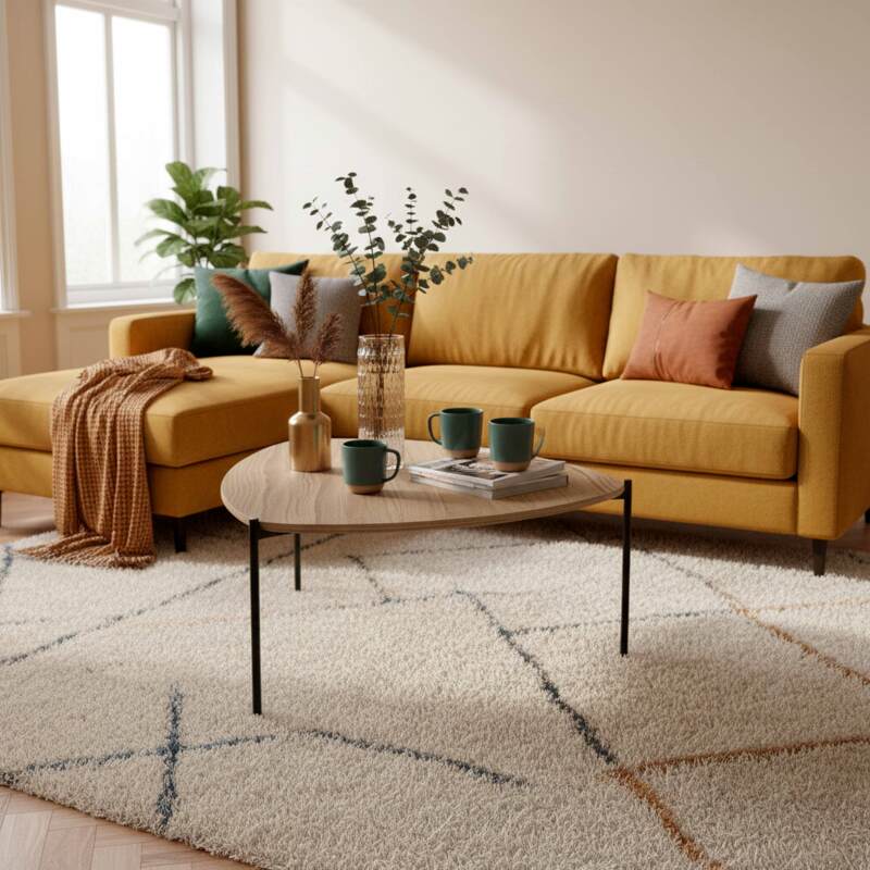 Mesa de centro de metal y efecto madera triangular 90x90 cm