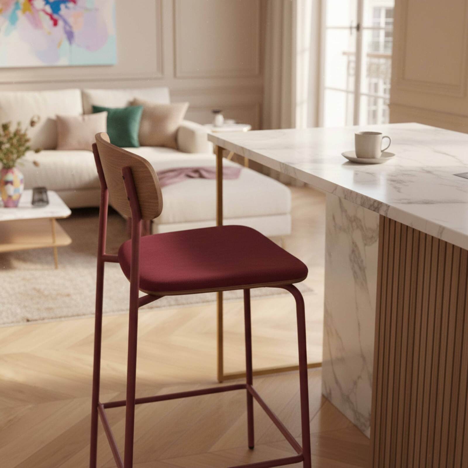 Sillas altas de madera, metal y tela - Lote de 2