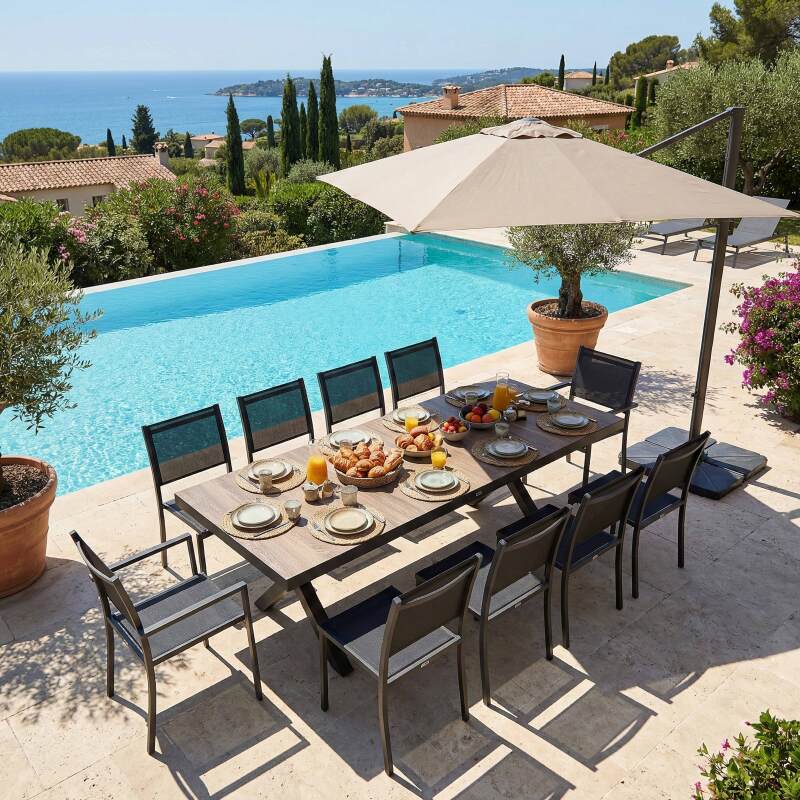 Mesa de jardín de aluminio y cerámica efecto madera 8 personas 201x100 cm (4/8)