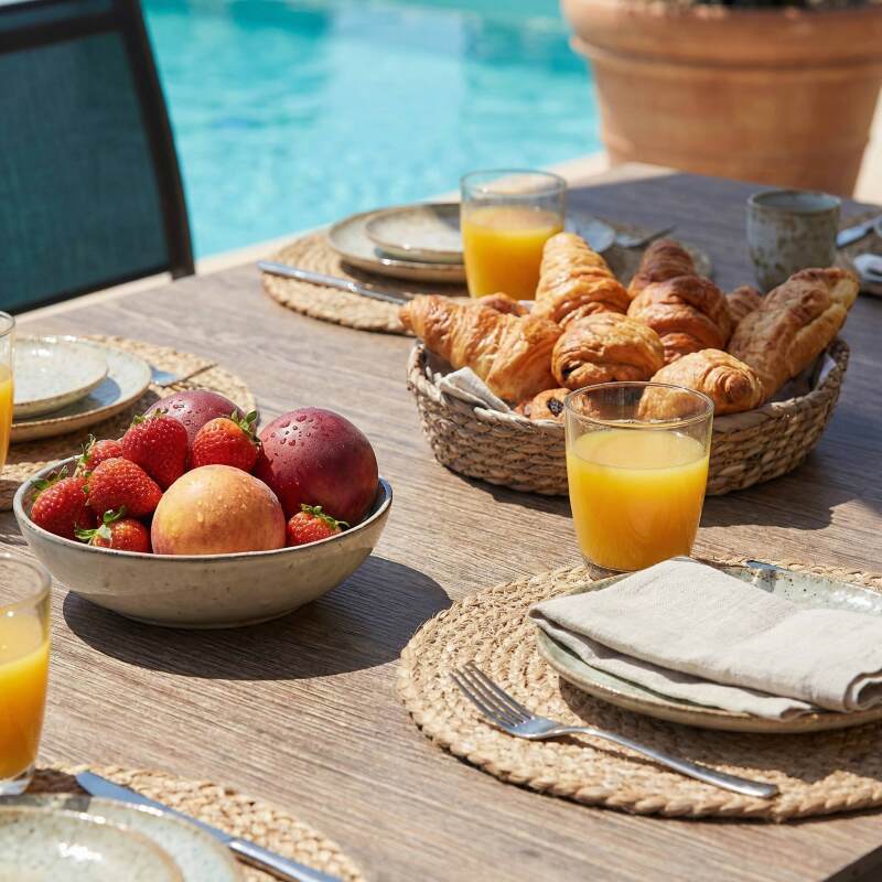 Mesa de jardín de aluminio y cerámica efecto madera 8 personas 201x100 cm (7/8)