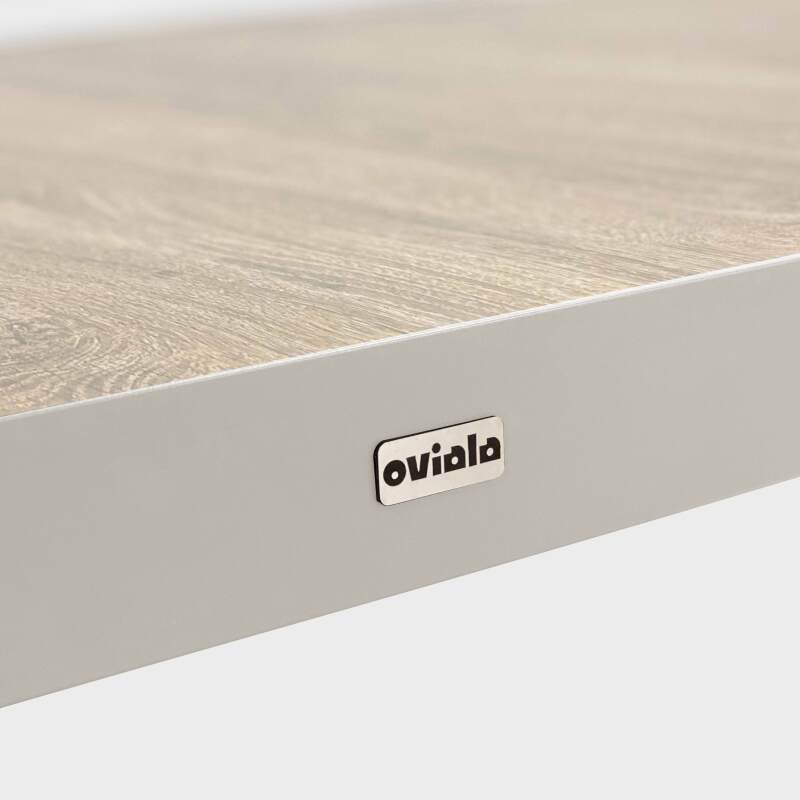 Mesa de jardín de aluminio y cerámica efecto madera 201x100 cm y 10 sillas apilables de textilene (5/8)