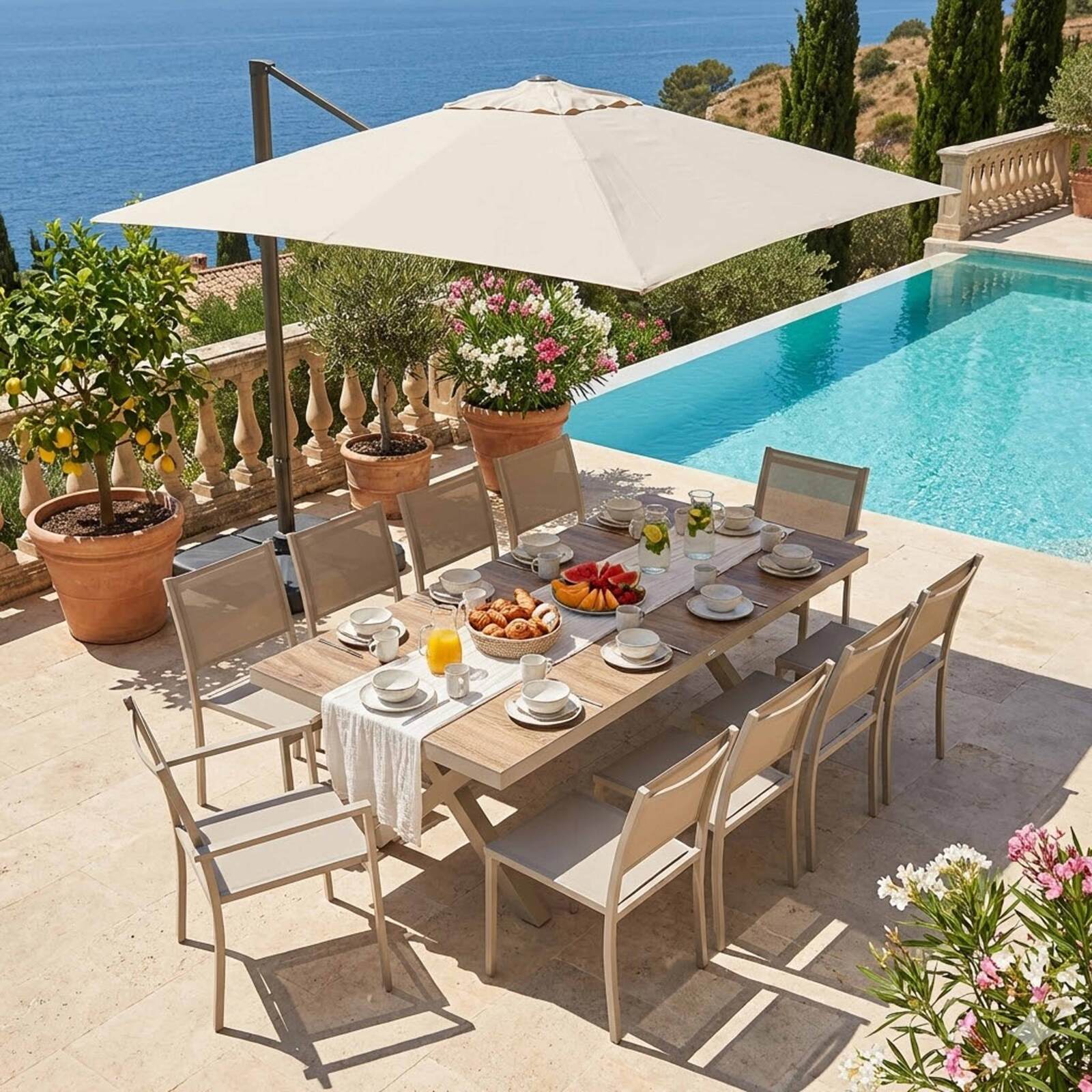 Mesa de jardín de aluminio y cerámica efecto madera 8 personas 201x100 cm