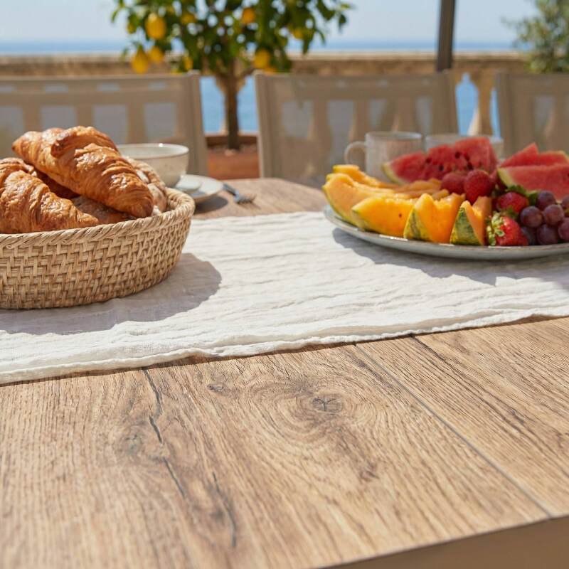 Mesa de jardín de aluminio y cerámica efecto madera 8 personas 201x100 cm (6/8)
