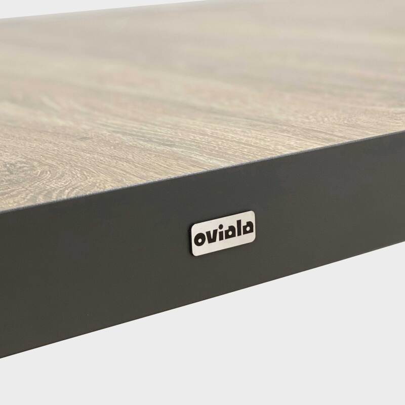 Mesa de jardín de aluminio y cerámica efecto madera 201x100 cm y 10 sillas apilables de textilene (5/9)