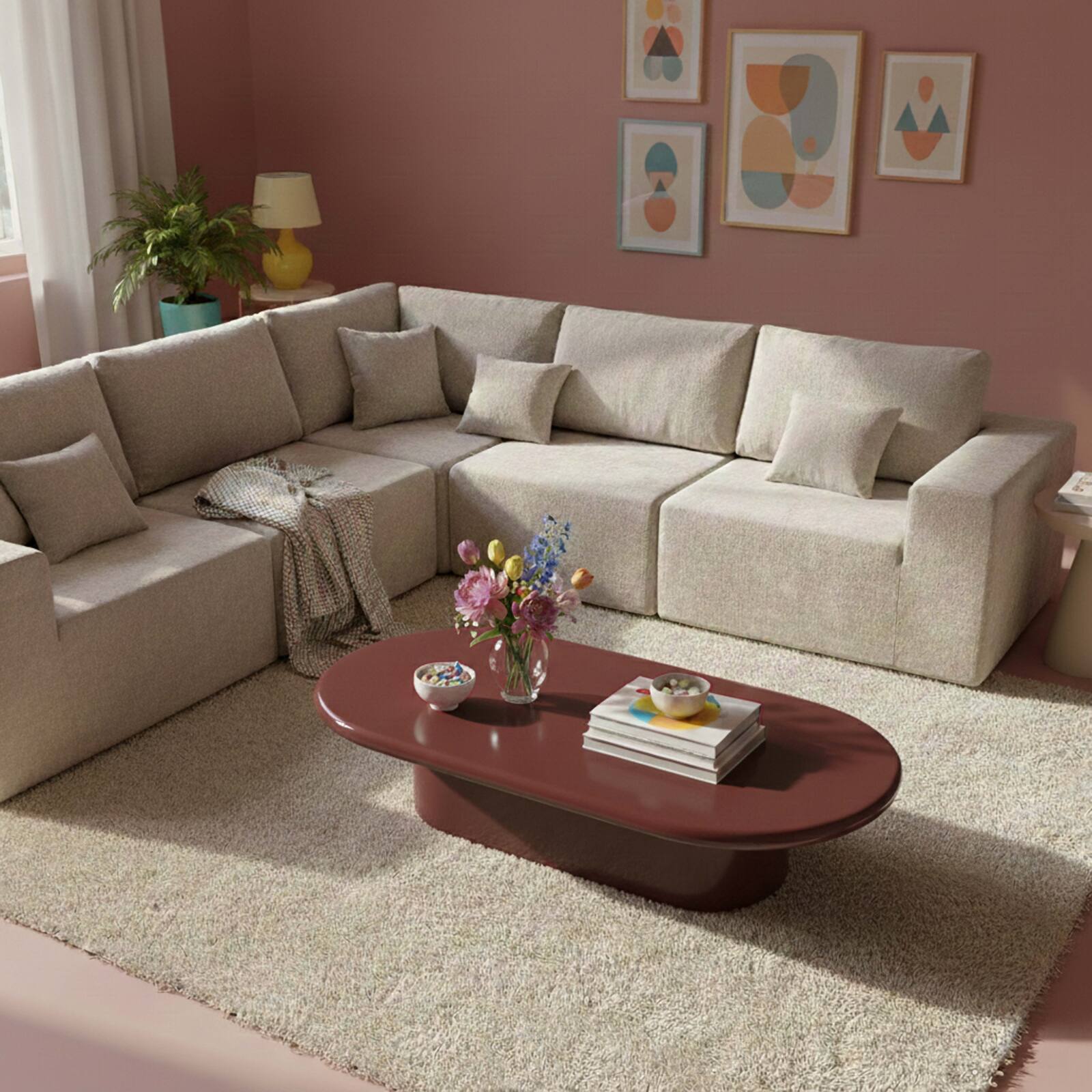 Mesa de centro efecto lacado ovalada 100x70 cm estilo retro