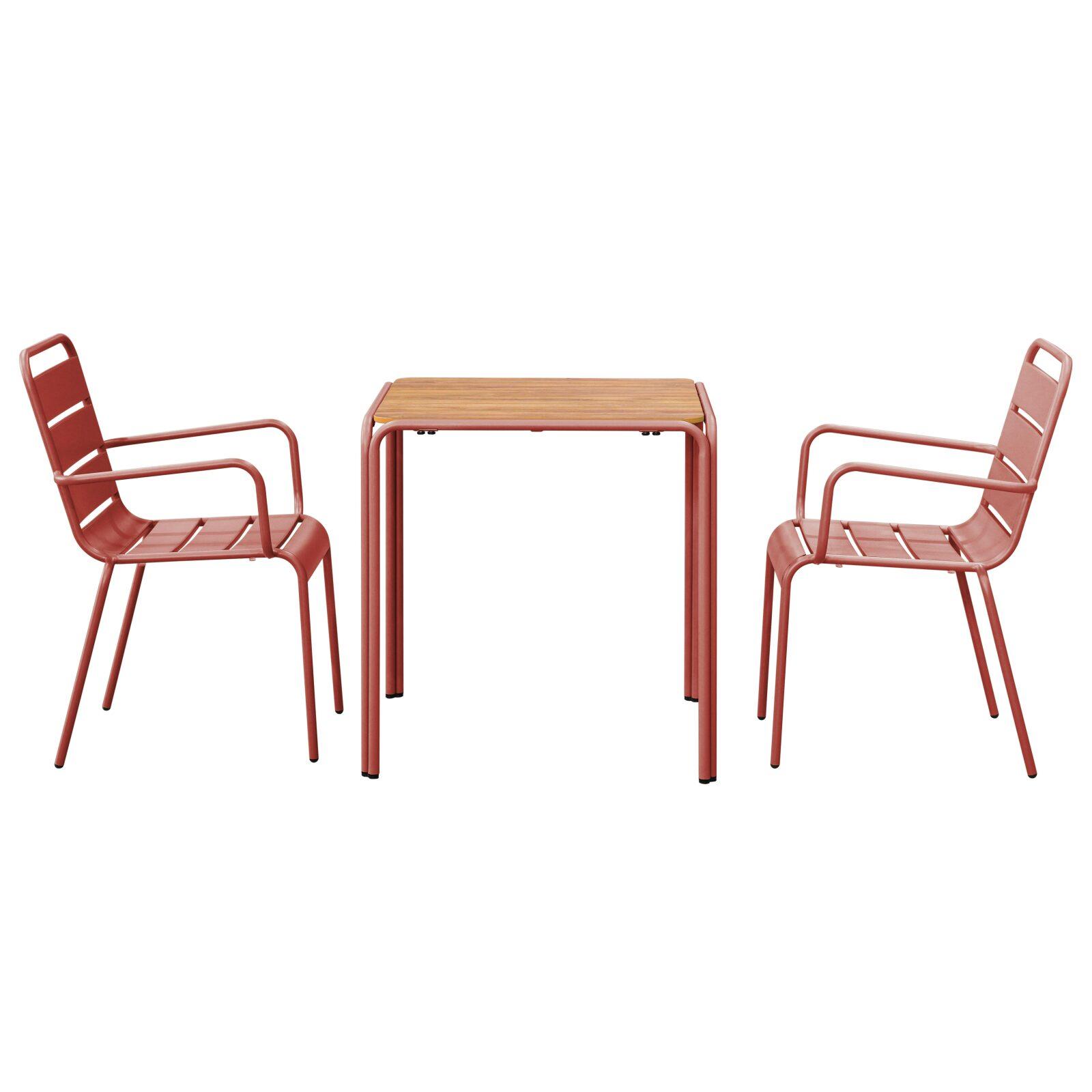 Mesa de jardín bistró cuadrada de metal y polywood 70x70 cm y 2 sillas con reposabrazos