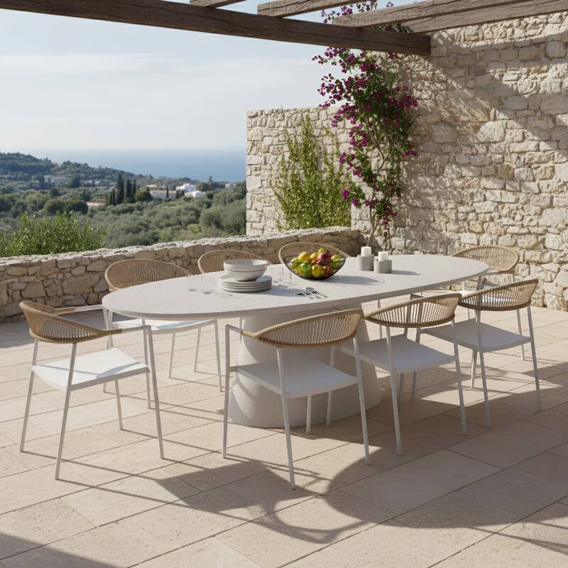 Mesa de jardín oval efecto hormigón liso 250x110 cm y 8 sillas apilables de textilene - Lifestyle