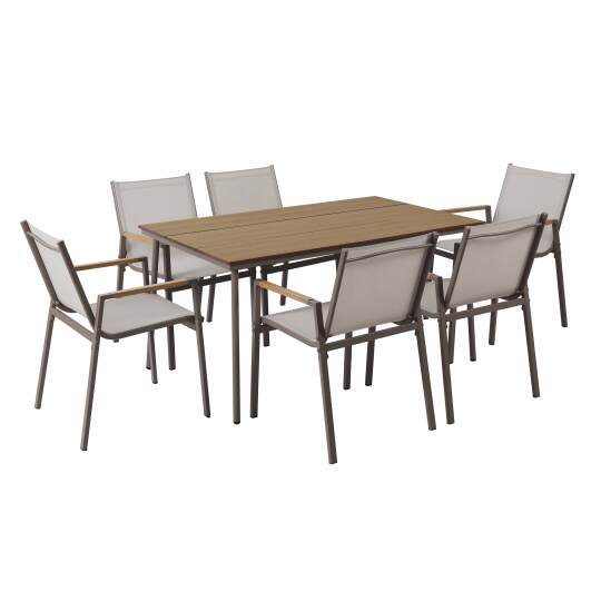 Mesa de jardín de metal y polywood 150x90 cm y 6 sillas | Oviala