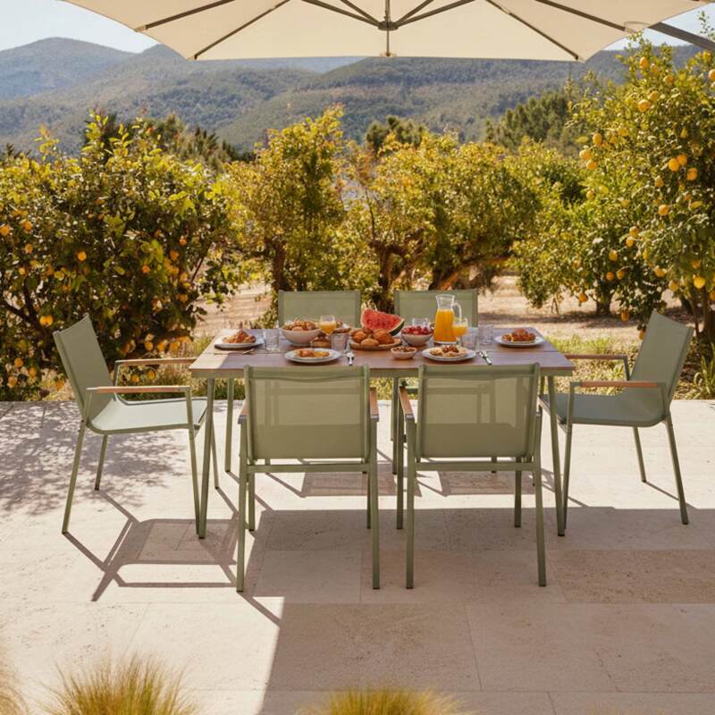 Mesa de jardín de metal y polywood 150x90 cm y 6 sillas