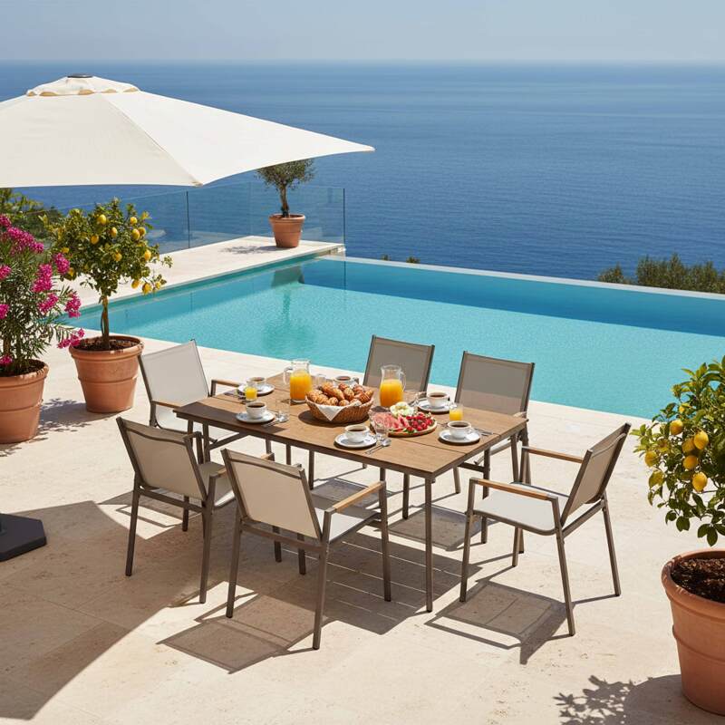 Mesa de jardín de metal y polywood 150x90 cm y 6 sillas