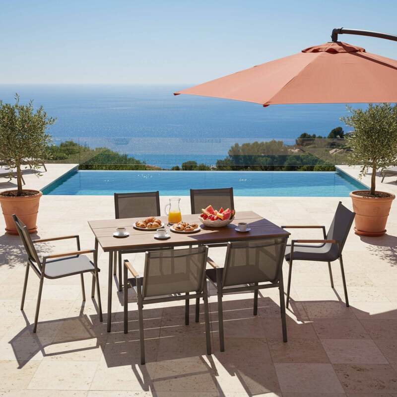 Mesa de jardín de metal y polywood 150x90 cm y 6 sillas (4/8)