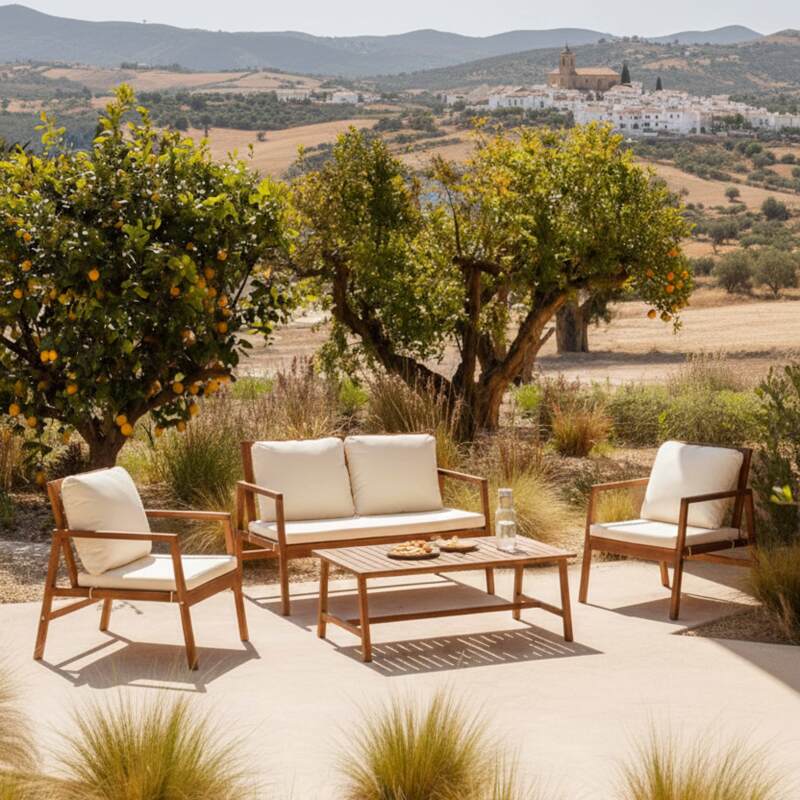 Conjunto de muebles de jardín de eucalipto FSC® con 1 sofá, 2 sillones y mesa de centro