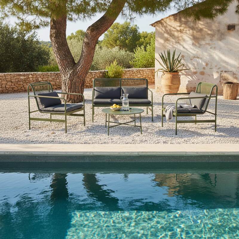 Mueble de jardín metálico de 4 plazas con 1 sofá, 2 sillones y mesa de centro. (7/8)