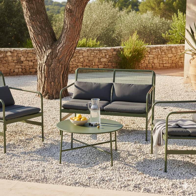 Mueble de jardín metálico de 4 plazas con 1 sofá, 2 sillones y mesa de centro. (3/8)