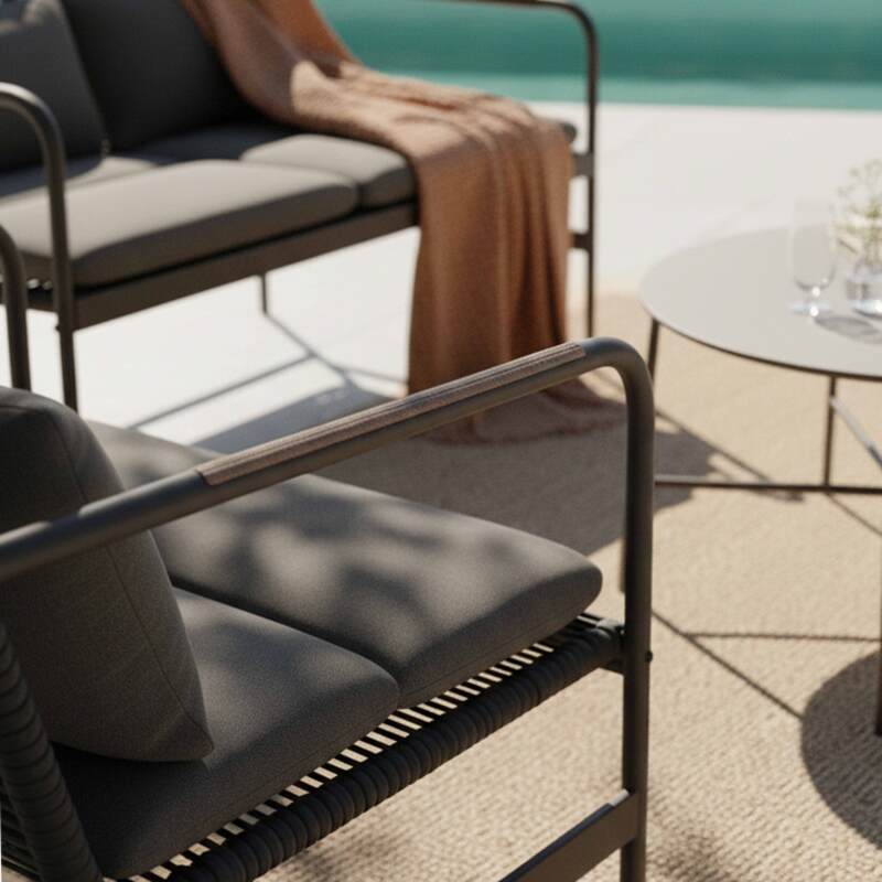 Mueble de jardín metálico de 4 plazas con 1 sofá, 2 sillones y mesa de centro. (3/8)