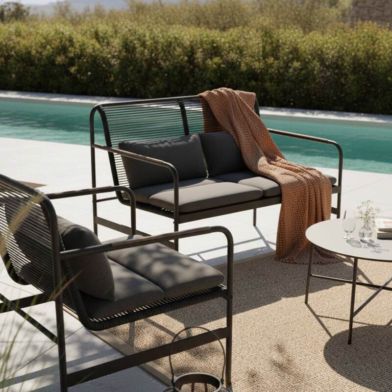 Mueble de jardín metálico de 4 plazas con 1 sofá, 2 sillones y mesa de centro. (2/8)