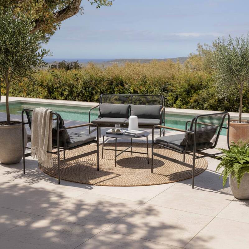 Mueble de jardín metálico de 4 plazas con 1 sofá, 2 sillones y mesa de centro.