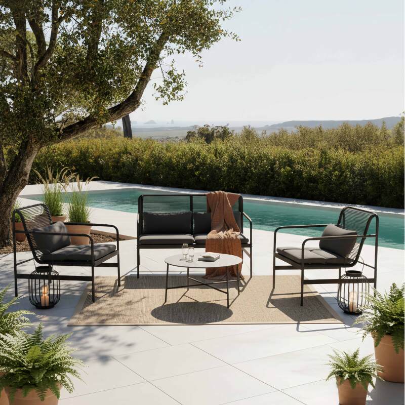 Mueble de jardín metálico de 4 plazas con 1 sofá, 2 sillones y mesa de centro. (7/8)