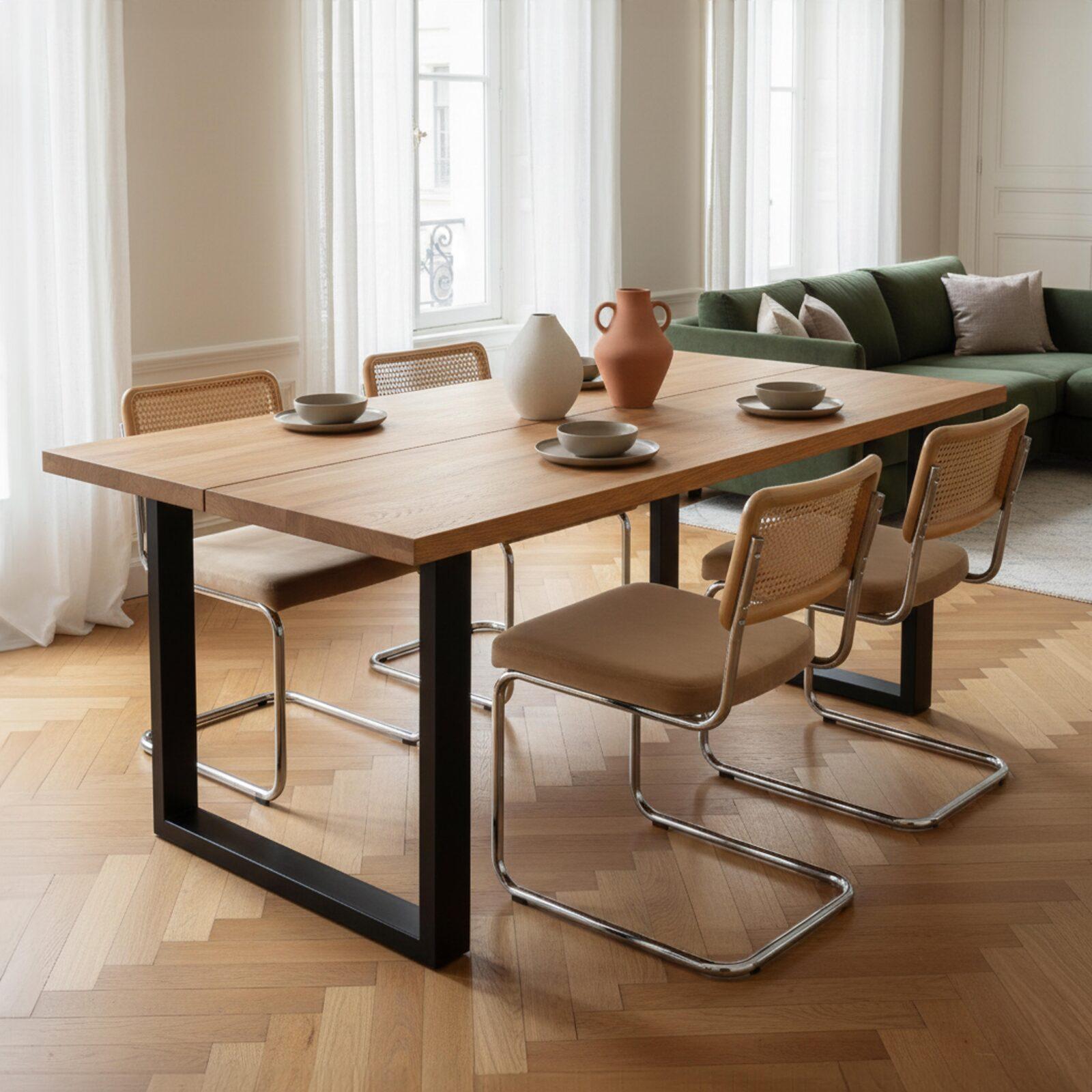 Mesa de comedor rectangular de madera de roble FSC® con patas de metal en U