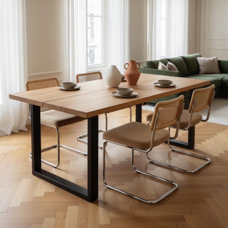 Mesa de comedor rectangular de madera de roble FSC® con patas de metal en U