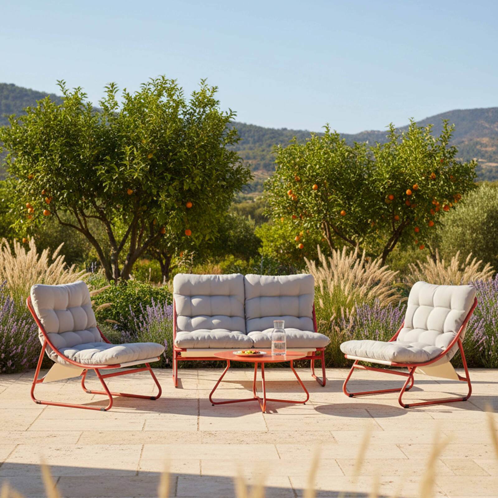 Mueble de jardín metálico de 4 plazas con 1 sofá, 2 sillones y mesa de centro.