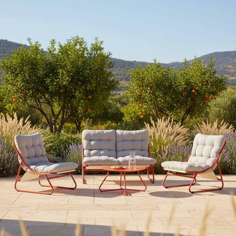 Mueble de jardín metálico de 4 plazas con 1 sofá, 2 sillones y mesa de centro. (2/9)