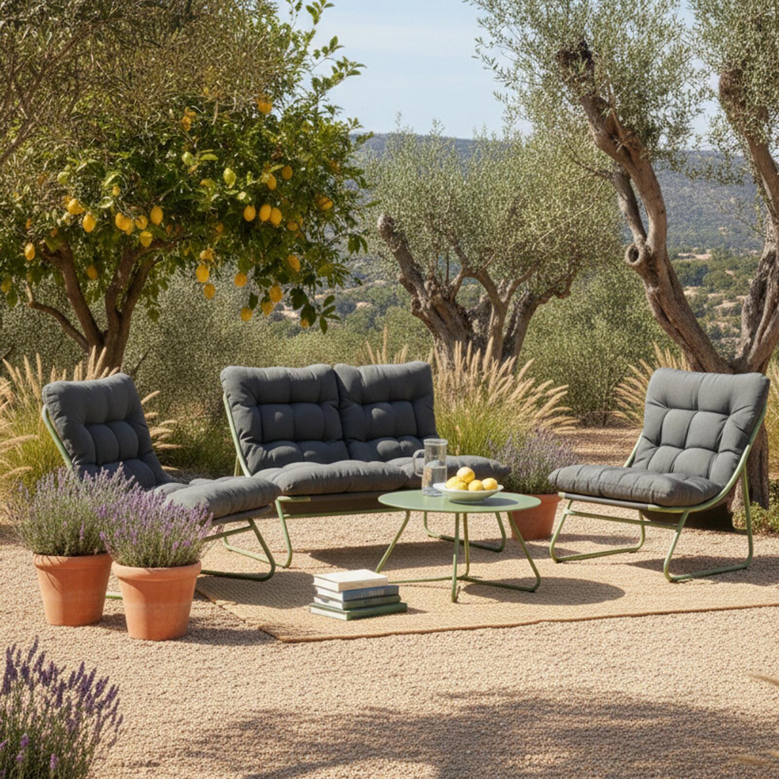 Mueble de jardín metálico de 4 plazas con 1 sofá, 2 sillones y mesa de centro.