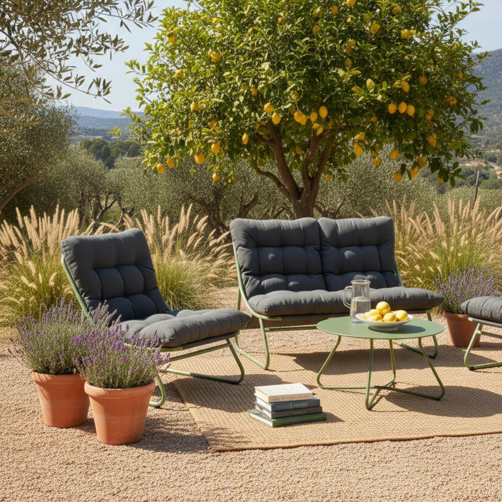 Mueble de jardín metálico de 4 plazas con 1 sofá, 2 sillones y mesa de centro.