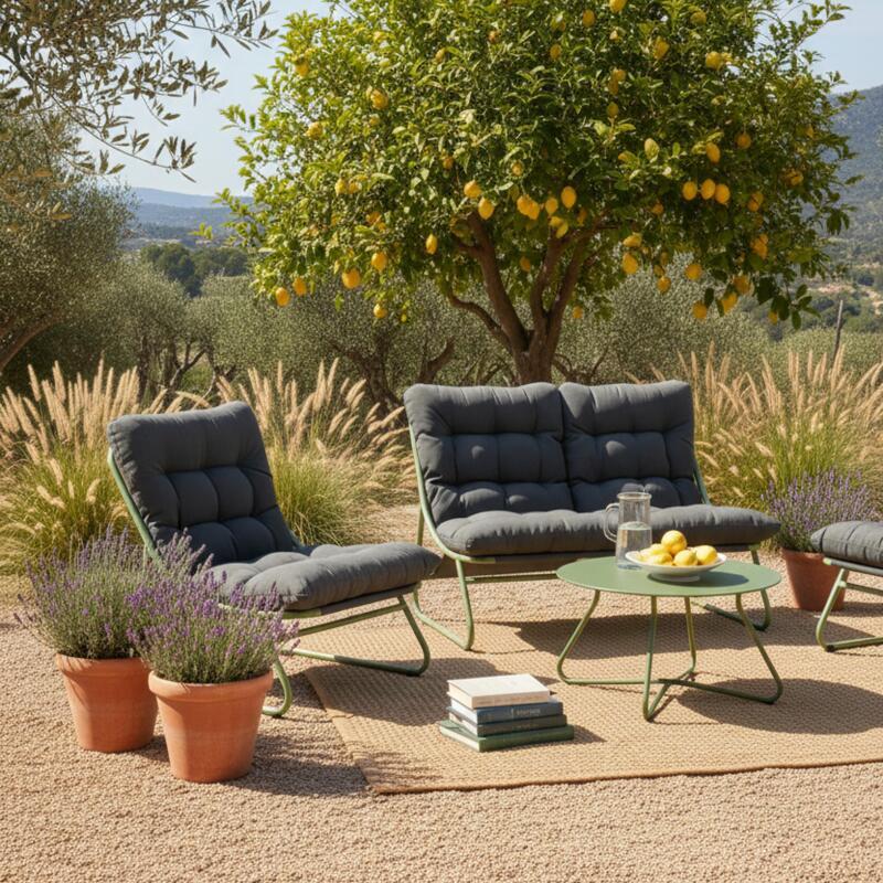 Mueble de jardín metálico de 4 plazas con 1 sofá, 2 sillones y mesa de centro. (2/9)